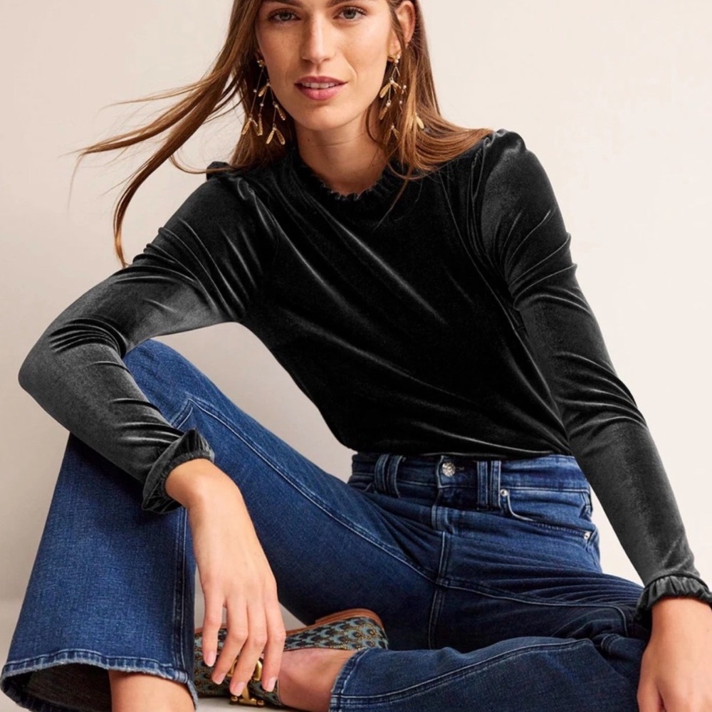 NWT Boden Velvet Frill Trim Long Sleeve Top Black Women’s US Size 8